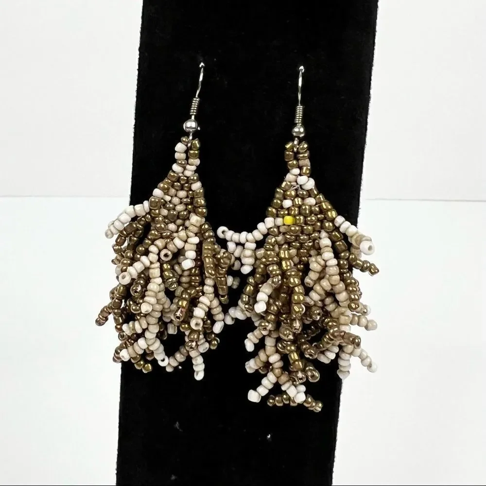 𝅺bronze and Brown Beaded Long Fringe Dangle Earrings
